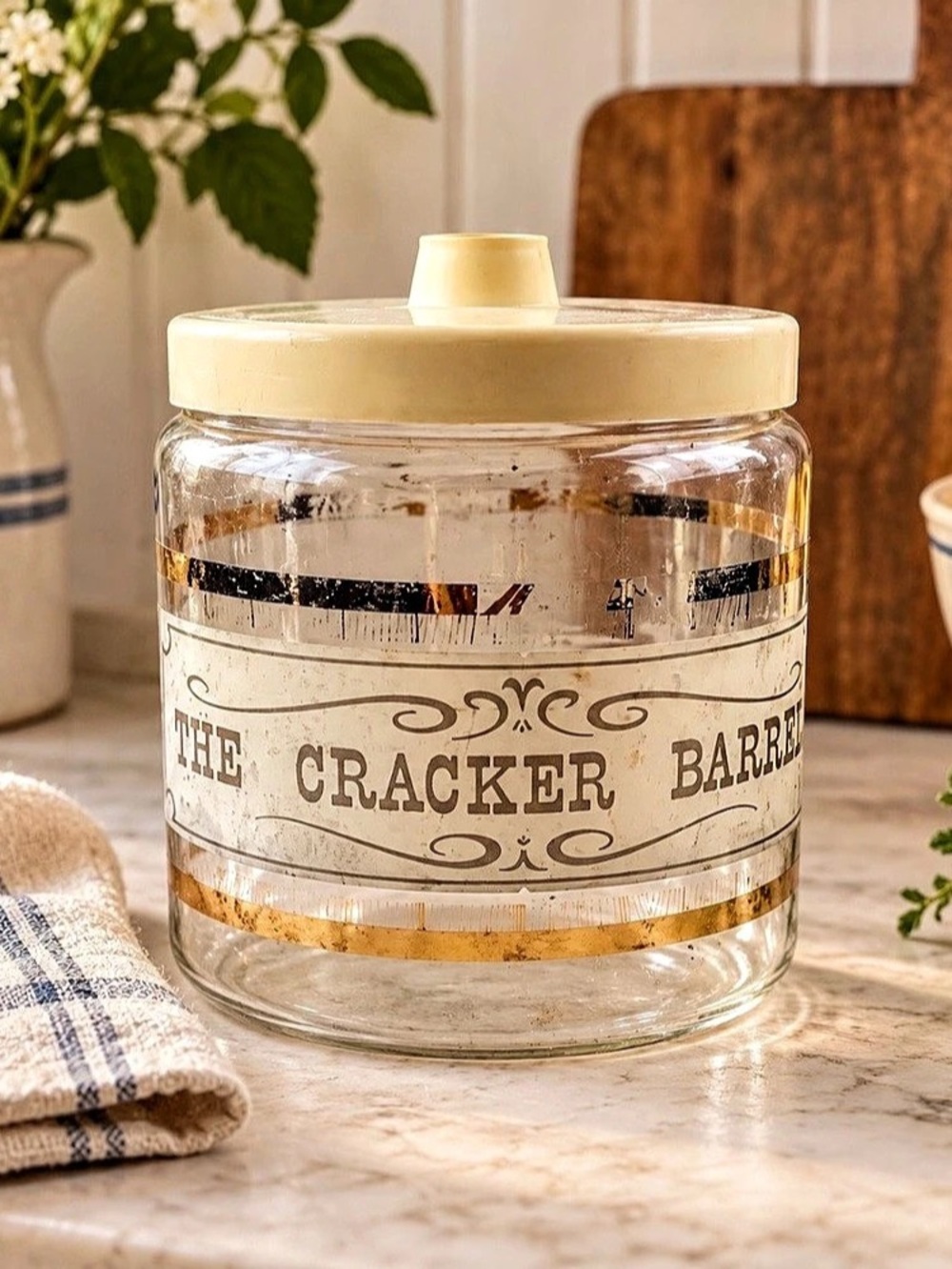 Vintage Pyrex The Cracker Barrel Glass Canister Cream Lid Gold Graphics